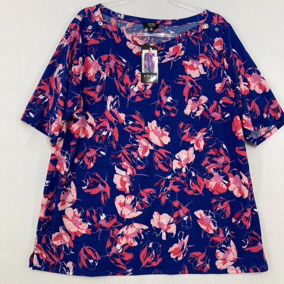New Jones New York size XL Blue Pink Floral Button Detail Stretch Casual Blouse - Picture 1 of 9